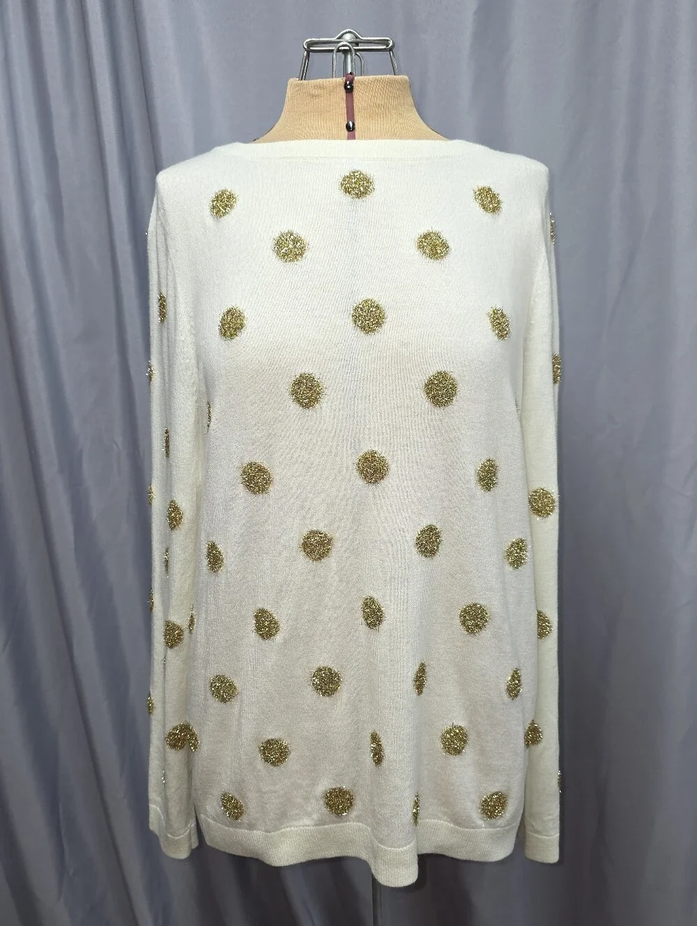 Talbot's Women's Cream Crewneck Sweater with Gold Tinsel Pom-Pom Dots